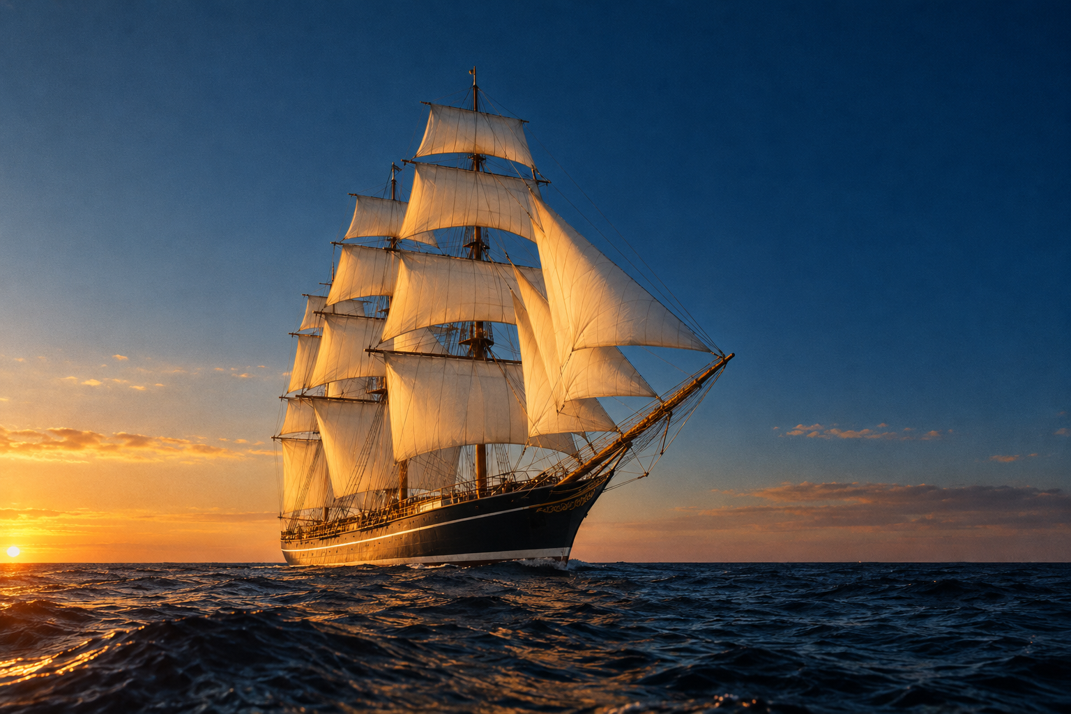 A tall sailing ship under full sail on open water at golden hour